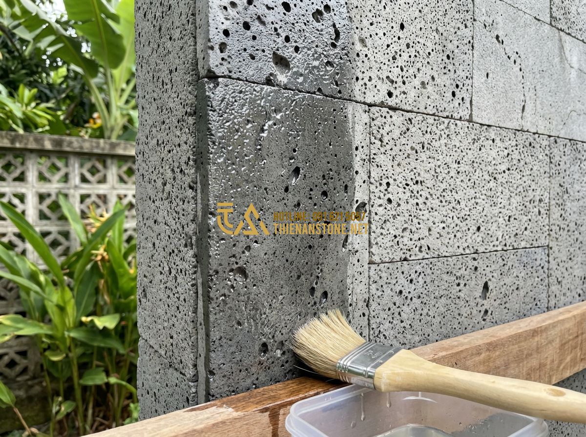 Đá Ghép Ốp Tường Có Nên Làm Không? Lưu Ý Quan Trọng Khi Thi Công - Hình 8 Đá Ghép Ốp Tường Có Nên Làm Không? Lưu Ý Quan Trọng Khi Thi Công - Tạo ảnh tiếng Anh: The final stage of a stone wall installation. A worker is app
