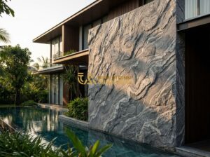 Đá Ghép Ốp Tường Đẹp 2026: 130+ Mẫu Đá Ghép Tự Nhiên Sang Trọng Cho Nhà Phố & Biệt Thự - Tạo ảnh tiếng Anh: A luxury modern villa exterior with a large accent wall made