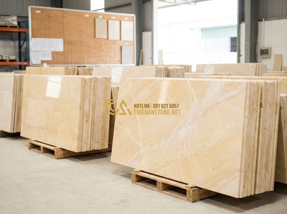 Đá Ghép Ốp Tường Đẹp 2026: 130+ Mẫu Đá Ghép Tự Nhiên Sang Trọng Cho Nhà Phố & Biệt Thự - Tạo ảnh tiếng Anh: A clean and organized stone warehouse showing stacks of high-