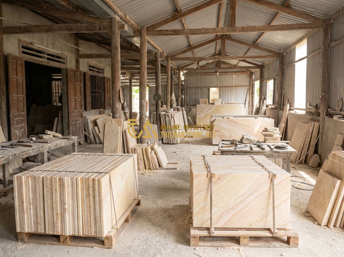 Đá Ghép Ốp Tường Đẹp 2026: 130+ Mẫu Đá Ghép Tự Nhiên Sang Trọng Cho Nhà Phố & Biệt Thự - Tạo ảnh tiếng Anh: The interior of a traditional yet modern stone workshop in Ph