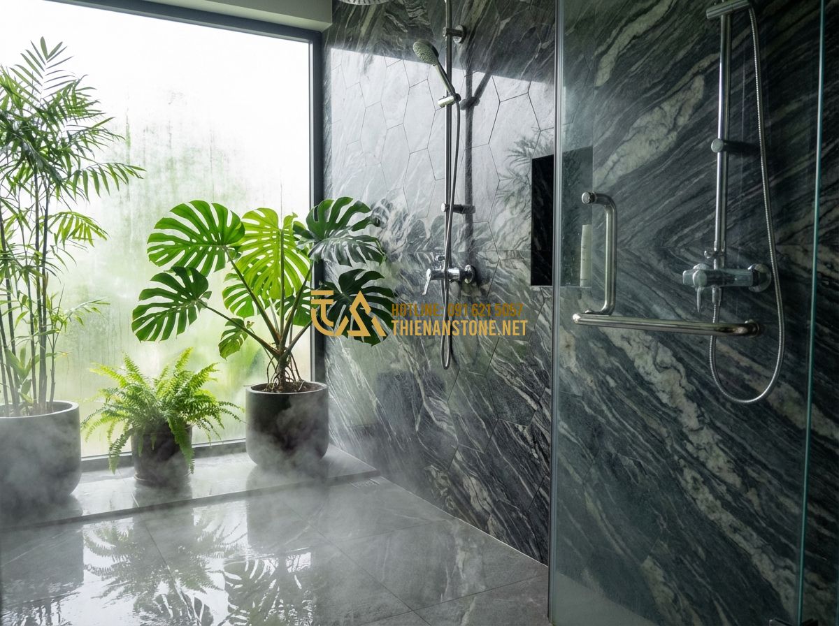 Đá Ghép Tổ Ong & Đá Ghép Ong Xám Ốp Tường: Kiểu Dáng Độc Đáo, Hiện Đại & Sang Trọng - Tạo ảnh tiếng Anh: Modern bathroom design with a shower wall made of grey honeyc