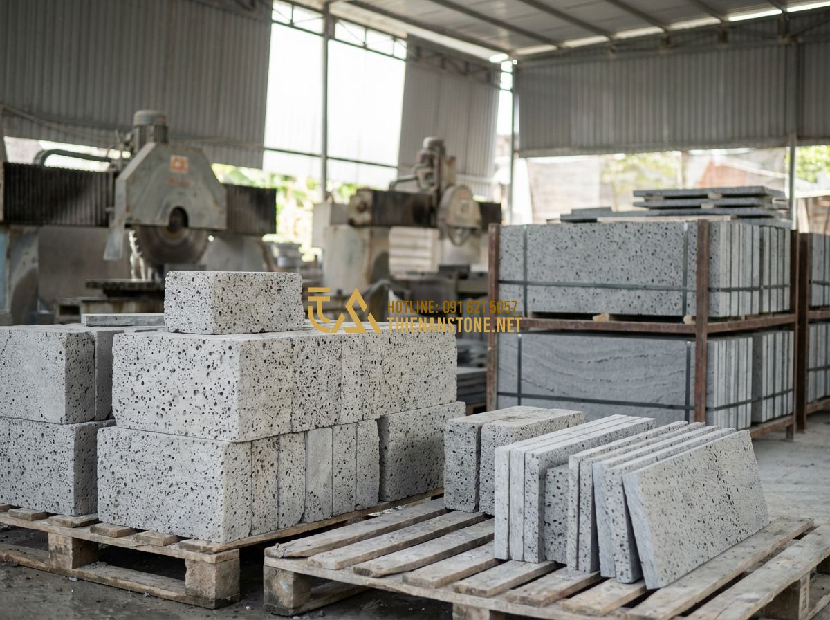 Đá Ghép Tổ Ong & Đá Ghép Ong Xám Ốp Tường: Kiểu Dáng Độc Đáo, Hiện Đại & Sang Trọng - Tạo ảnh tiếng Anh: Inside a professional stone workshop (Thien An Stone), skille