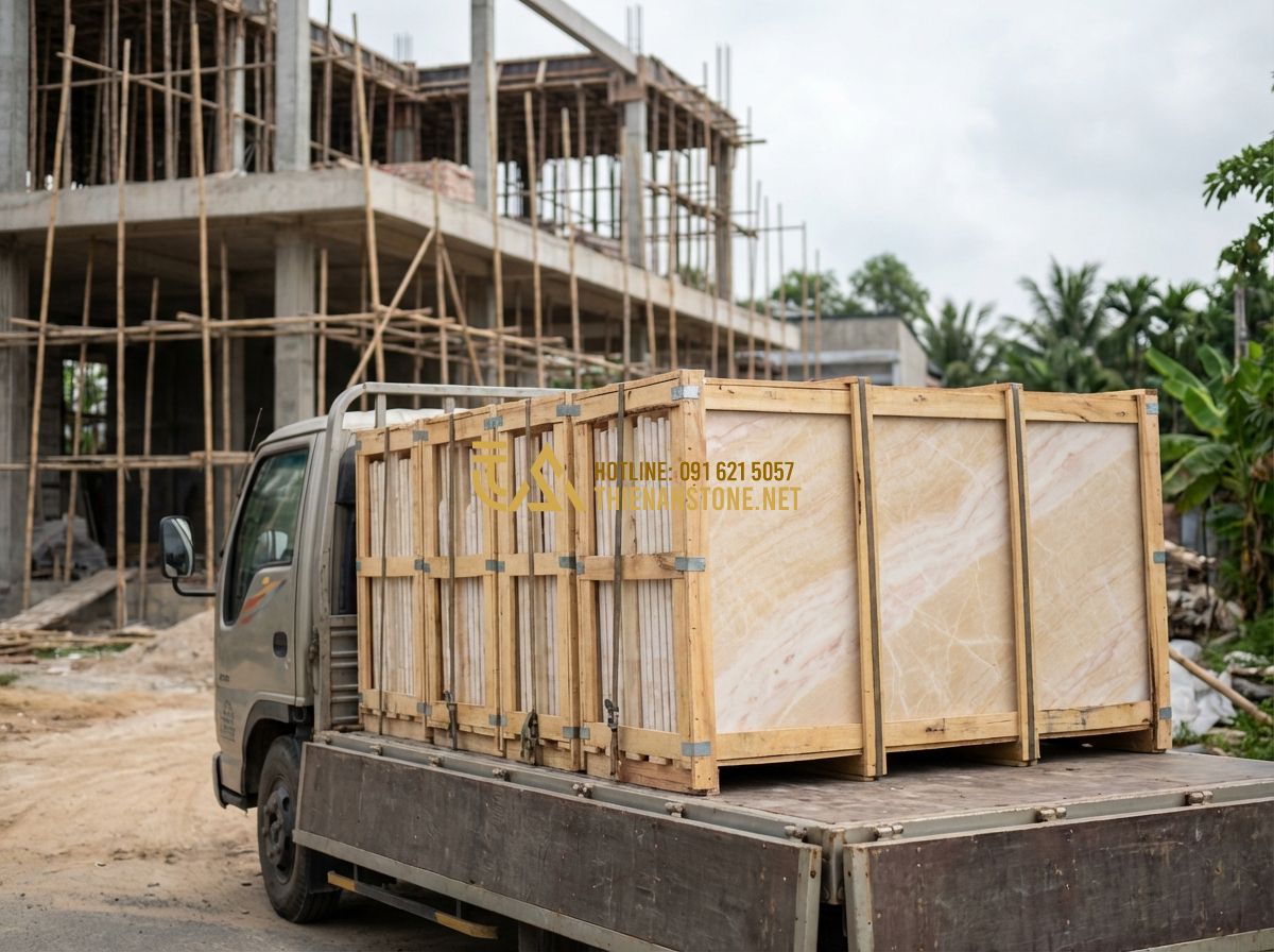 Đá Ghép Tổ Ong & Đá Ghép Ong Xám Ốp Tường: Kiểu Dáng Độc Đáo, Hiện Đại & Sang Trọng - Tạo ảnh tiếng Anh: A delivery truck loaded with carefully packed wooden crates c