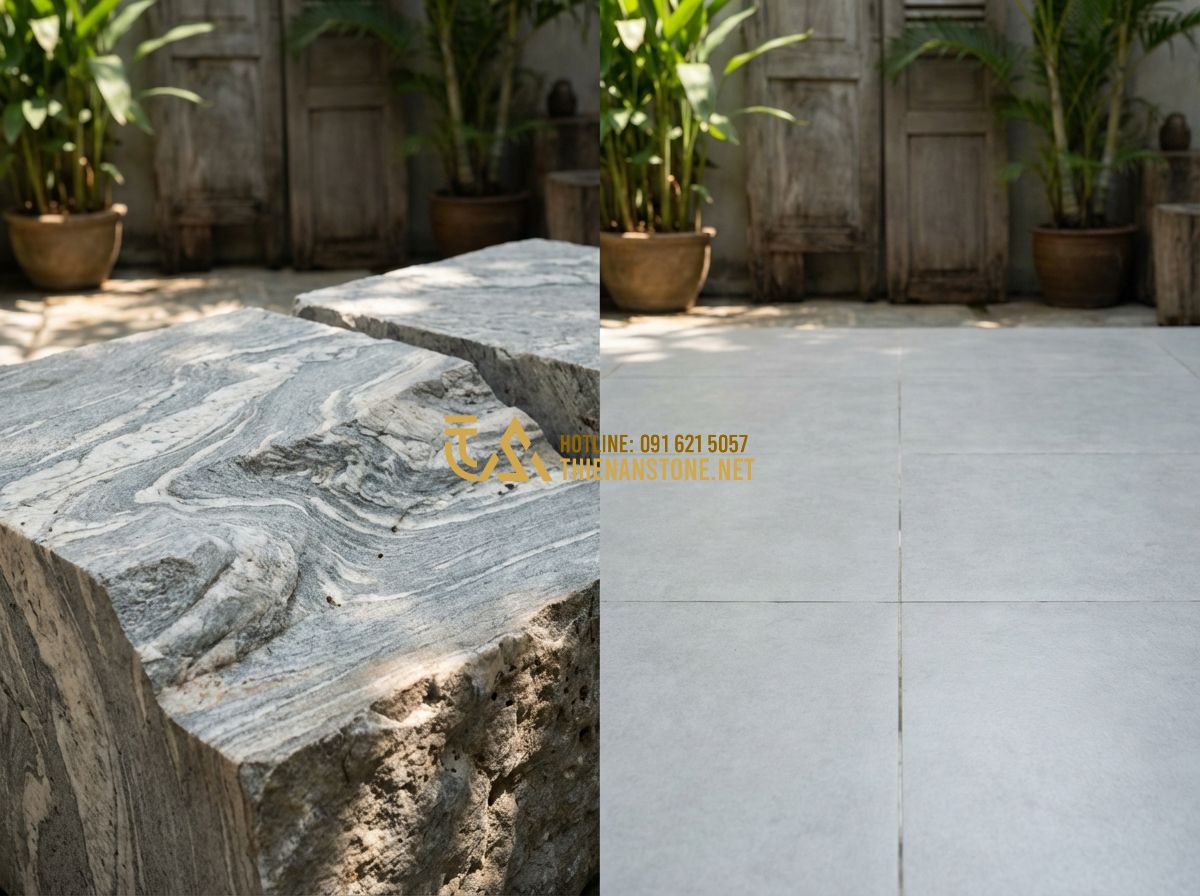 Đá Ghép Tổ Ong & Đá Ghép Ong Xám Ốp Tường: Kiểu Dáng Độc Đáo, Hiện Đại & Sang Trọng - Tạo ảnh tiếng Anh: A split-view comparison between natural grey honeycomb stones