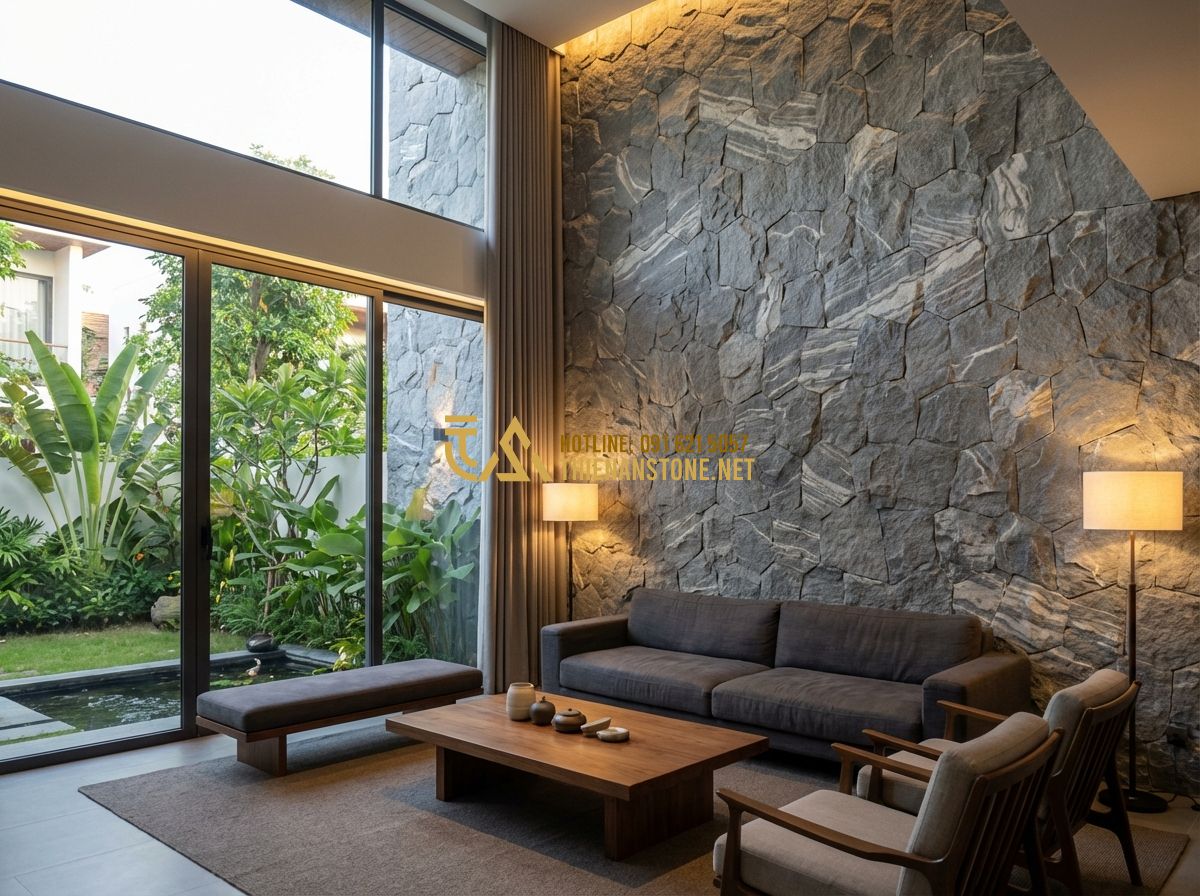 Đá Ghép Tổ Ong & Đá Ghép Ong Xám Ốp Tường: Kiểu Dáng Độc Đáo, Hiện Đại & Sang Trọng - Tạo ảnh tiếng Anh: Luxury living room interior featuring a high-ceiling wall fin