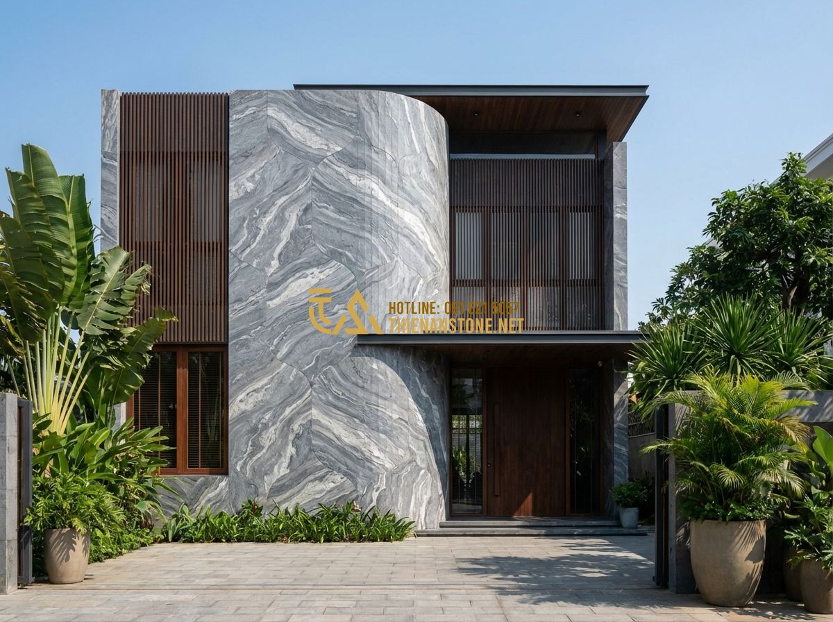 Đá Ghép Tổ Ong & Đá Ghép Ong Xám Ốp Tường: Kiểu Dáng Độc Đáo, Hiện Đại & Sang Trọng - Tạo ảnh tiếng Anh: Modern home exterior showcase, featuring a combination of gre