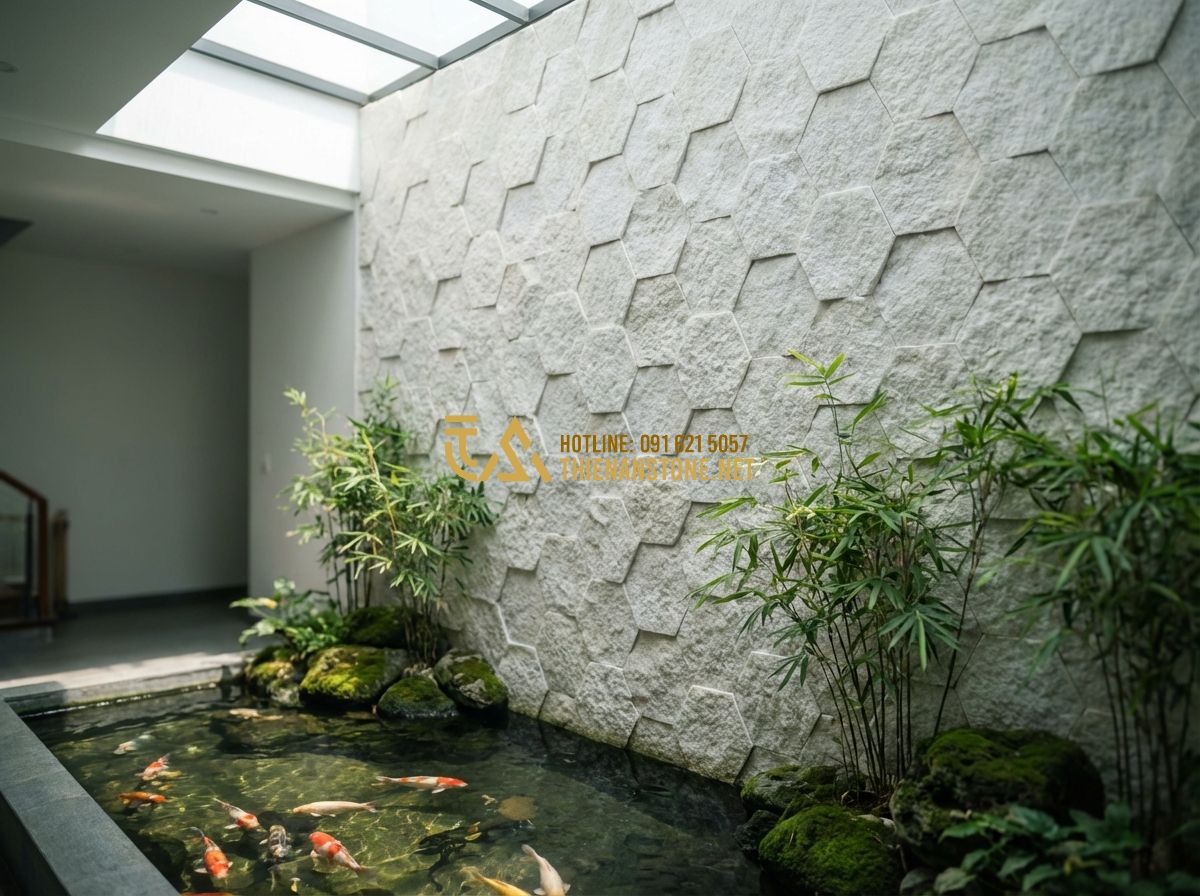 Đá Ghép Tổ Ong & Đá Ghép Ong Xám Ốp Tường: Kiểu Dáng Độc Đáo, Hiện Đại & Sang Trọng - Tạo ảnh tiếng Anh: Indoor atrium with a tall wall covered in grey honeycomb spli