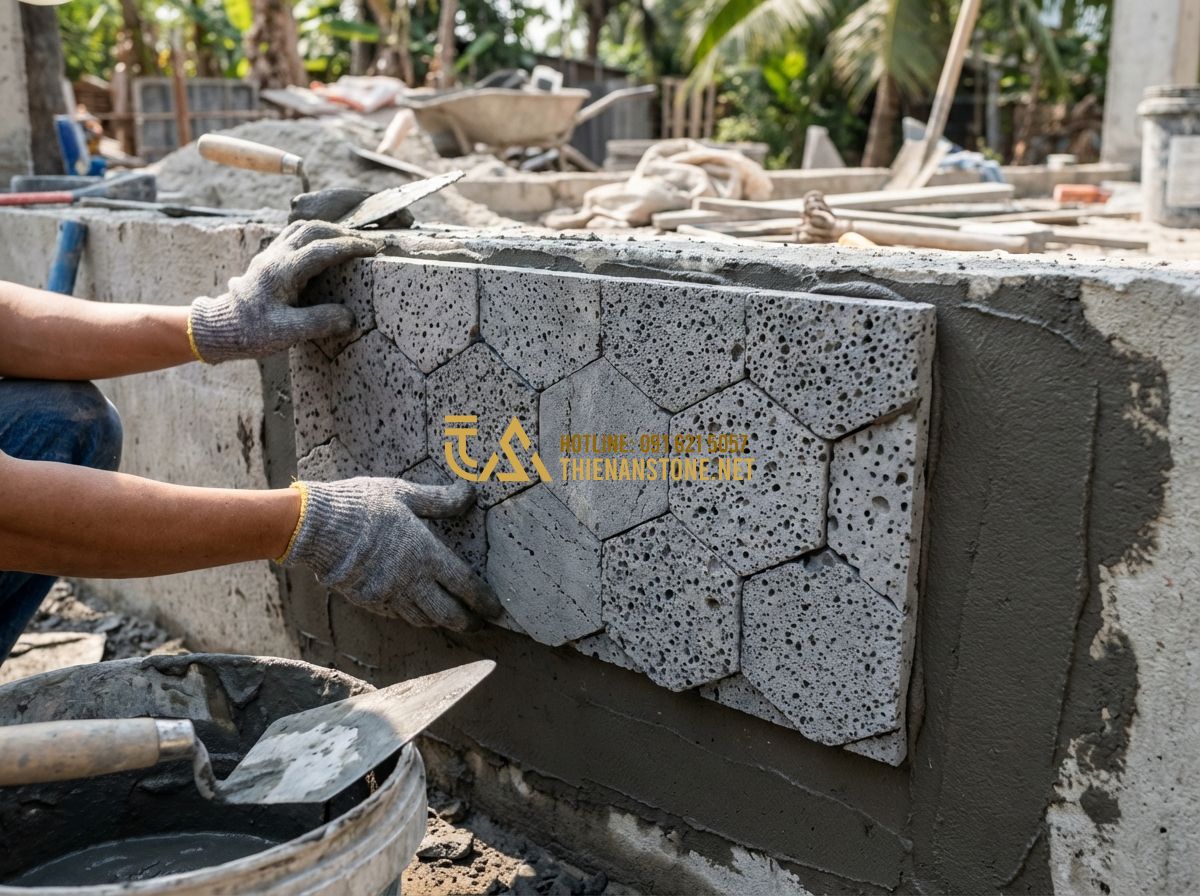 Đá Ghép Tổ Ong & Đá Ghép Ong Xám Ốp Tường: Kiểu Dáng Độc Đáo, Hiện Đại & Sang Trọng - Tạo ảnh tiếng Anh: Professional mason applying high-quality stone adhesive to a