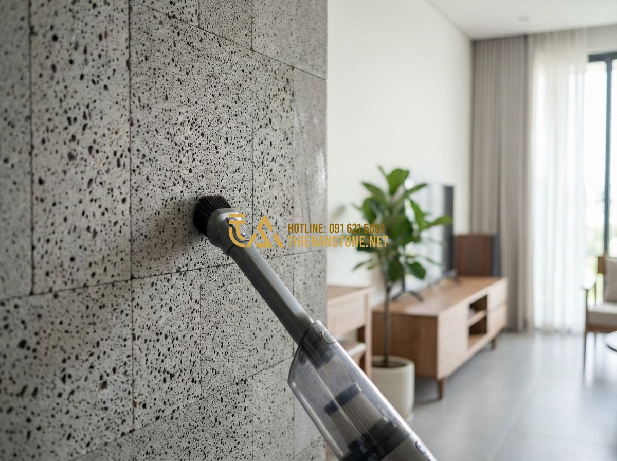 Đá Ghép Tổ Ong & Đá Ghép Ong Xám Ốp Tường: Kiểu Dáng Độc Đáo, Hiện Đại & Sang Trọng - Tạo ảnh tiếng Anh: A homeowner using a soft vacuum brush to clean a stone accent