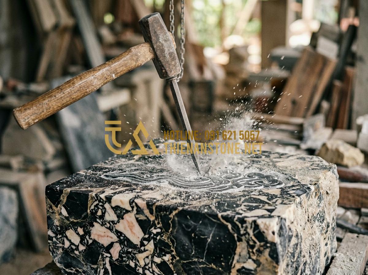 Đá kê chân cột nhà gỗ: Giải pháp bảo vệ cột gỗ bền bỉ khỏi ẩm mốc - Hình 4 Đá kê chân cột nhà gỗ: Giải pháp bảo vệ cột gỗ bền bỉ khỏi ẩm mốc - Tạo ảnh tiếng Anh: Close-up of a stone artisan's hands using a chisel and hammer