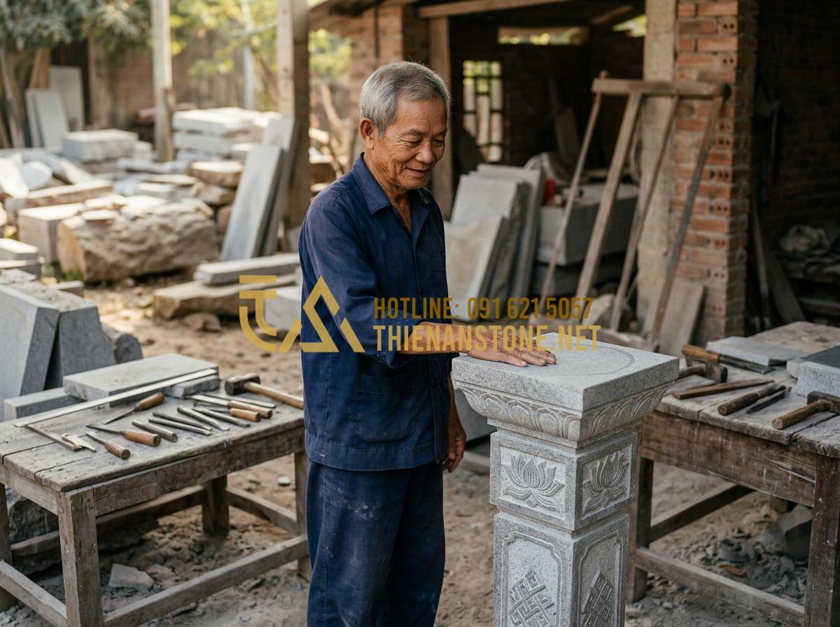 Đá kê chân cột nhà gỗ: Giải pháp bảo vệ cột gỗ bền bỉ khỏi ẩm mốc - Hình 6 Đá kê chân cột nhà gỗ: Giải pháp bảo vệ cột gỗ bền bỉ khỏi ẩm mốc - Tạo ảnh tiếng Anh: An elderly Vietnamese man (Mr. Hoan) with a gentle smile, sta
