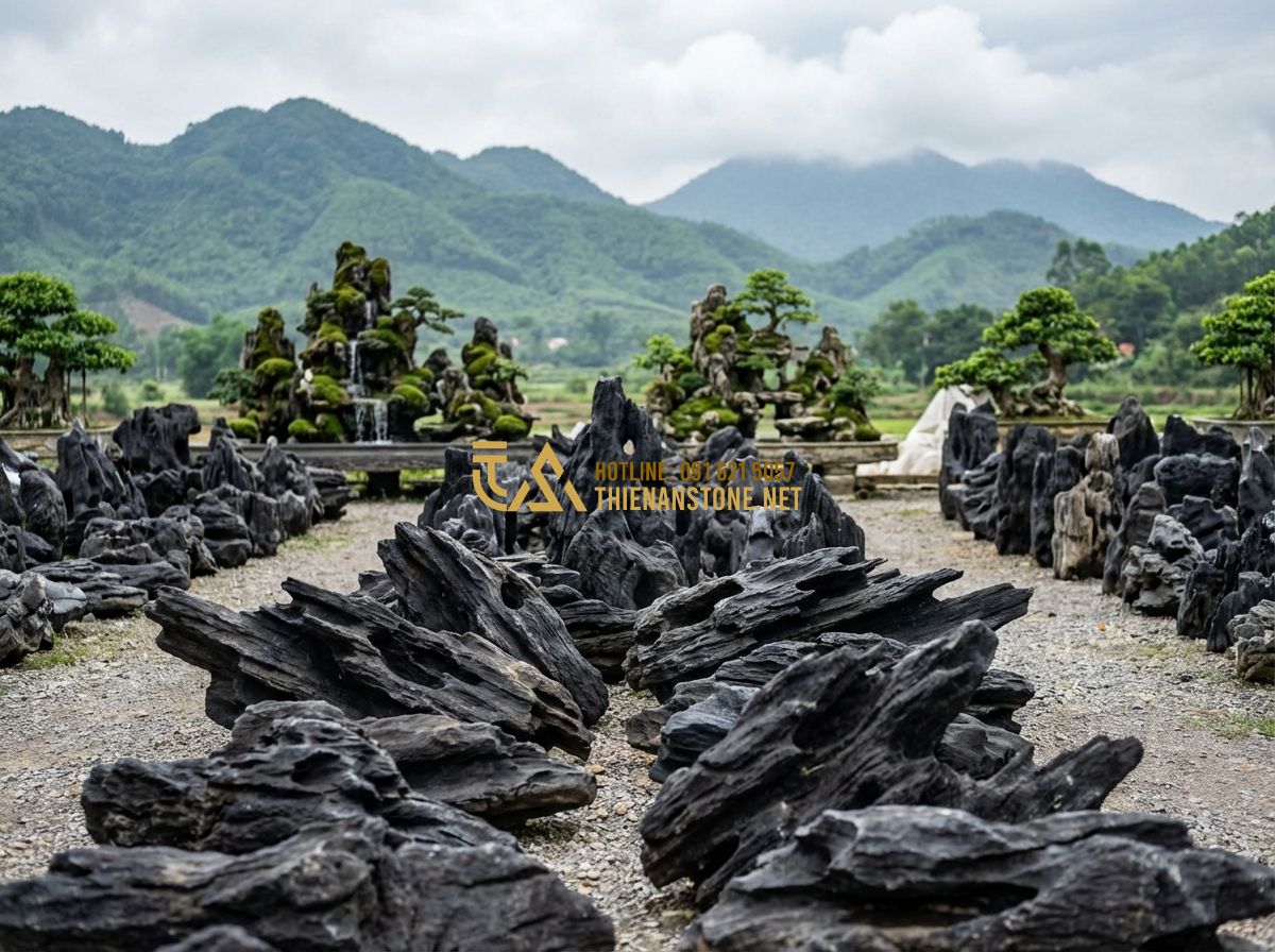 Đá Lũa Đa Sắc Hay Đá Lũa Đen? Nên Chọn Loại Nào Cho Non Bộ? - A wide shot of Xưởng Đá Mỹ Nghệ Thiên An's display yard. Hundreds of large, uniq