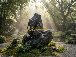 Đá Lũa Đen Đẹp Nhất 2024: Bí Quyết Chọn Đá Lũa Đẹp Làm Non Bộ Sang Trọng - Tạo ảnh tiếng Anh: A majestic black driftwood stone standing in a traditional Vi