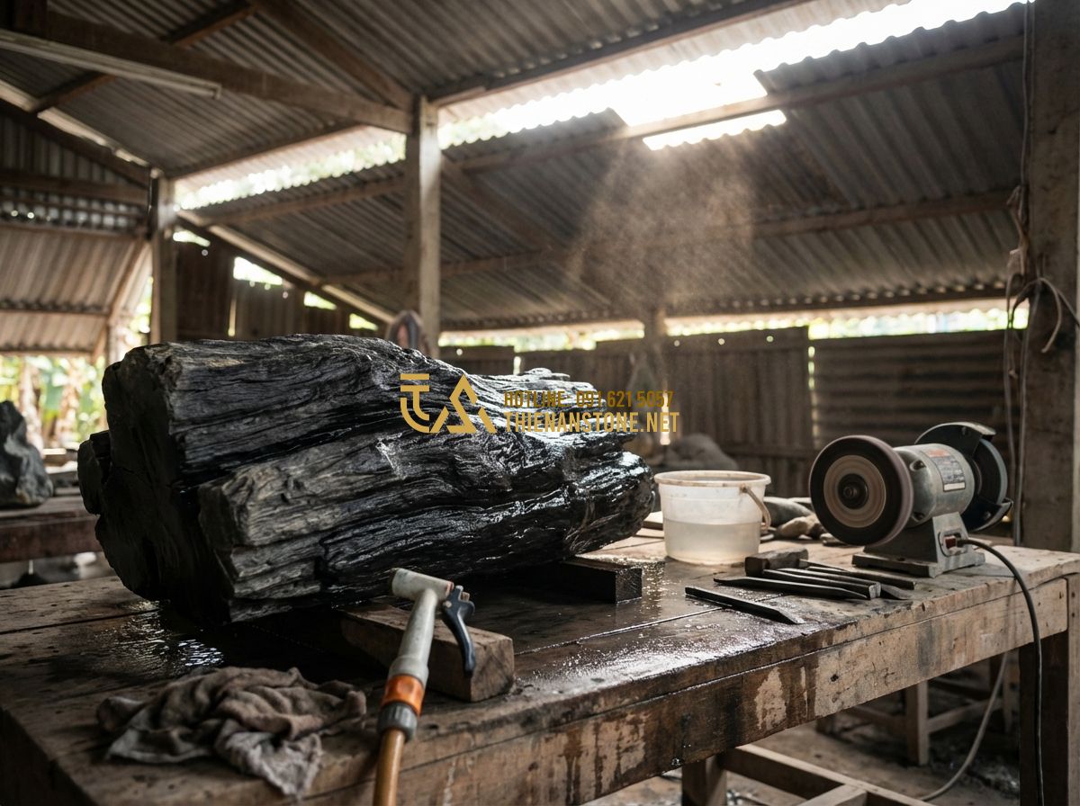 Đá Lũa Đen Nguyên Khối Lớn Dùng Làm Tác Phẩm Nghệ Thuật - Giá Bao Nhiêu? - Tạo ảnh tiếng Anh: A skilled Vietnamese artisan meticulously polishing a large,