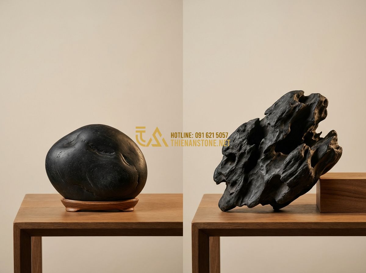Đá Lũa Đen Nguyên Khối Lớn Dùng Làm Tác Phẩm Nghệ Thuật - Giá Bao Nhiêu? - Tạo ảnh tiếng Anh: A comparison layout showing different types of black driftwoo