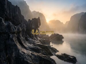 Đá Lũa Đen Ninh Bình Chính Hãng: Nguồn Gốc - Chất Lượng - Giá Trị Thực Tế - Tạo ảnh tiếng Anh: A professional panoramic shot of the majestic limestone mount