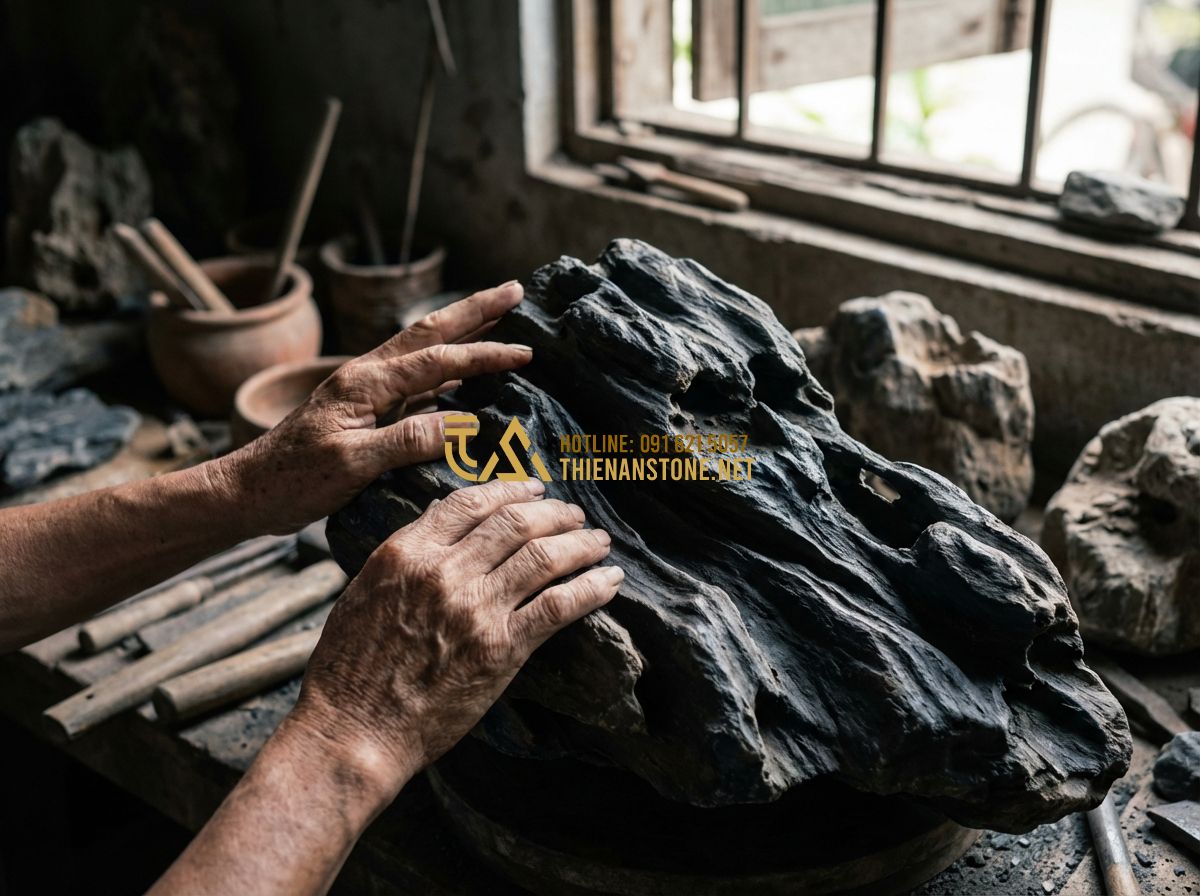 Đá Lũa Đen Ninh Bình Chính Hãng: Nguồn Gốc - Chất Lượng - Giá Trị Thực Tế - Tạo ảnh tiếng Anh: A close-up cinematic shot of an experienced Vietnamese stone 