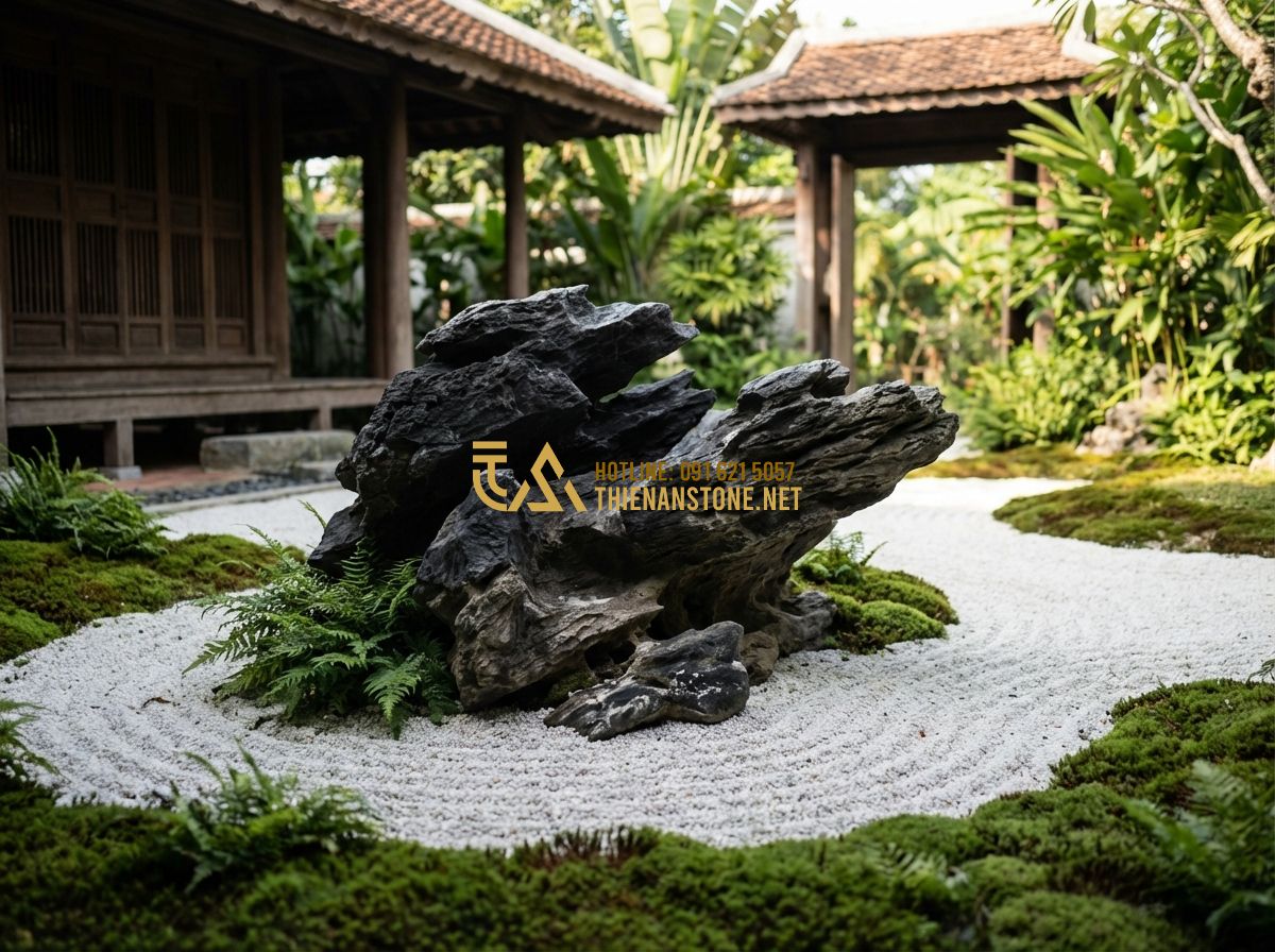 Đá Lũa Đen Ninh Bình Chính Hãng: Nguồn Gốc - Chất Lượng - Giá Trị Thực Tế - Tạo ảnh tiếng Anh: A sophisticated Japanese-style zen garden featuring a promine