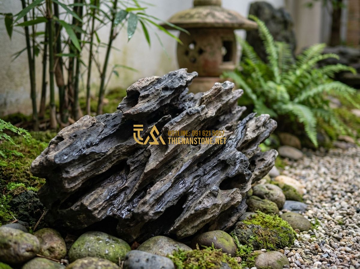 Đá Lũa Xanh Đen Và Đá Lũa Đa Sắc: Đặc Điểm, Ứng Dụng & Cách Phân Biệt - Tạo ảnh tiếng Anh: Professional close-up shot of weathered blue-black lua stone 