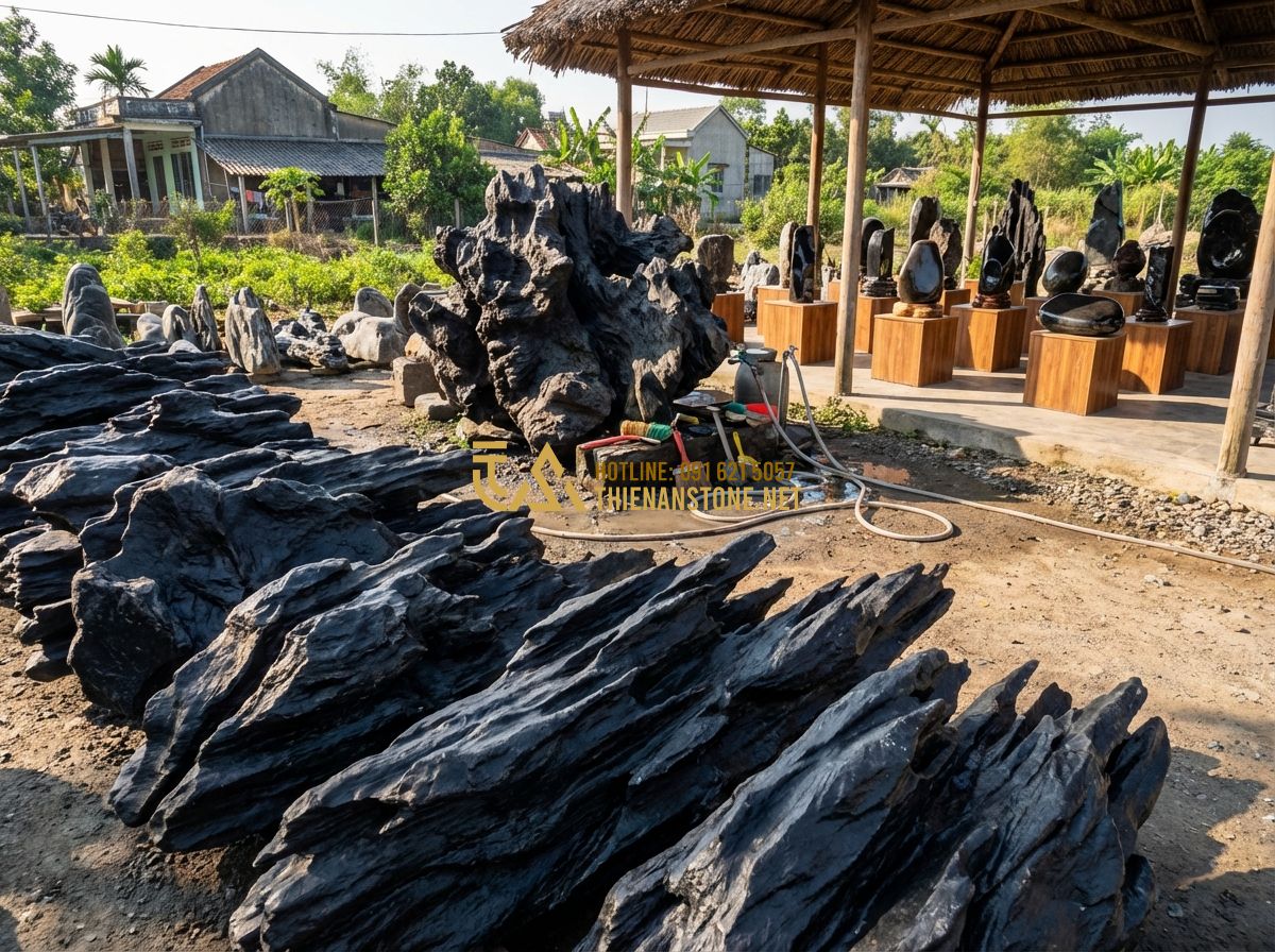 Đá Lũa Xanh Đen Và Đá Lũa Đa Sắc: Đặc Điểm, Ứng Dụng & Cách Phân Biệt - Tạo ảnh tiếng Anh: Wide shot of the Thien An Stone workshop, showing rows of maj