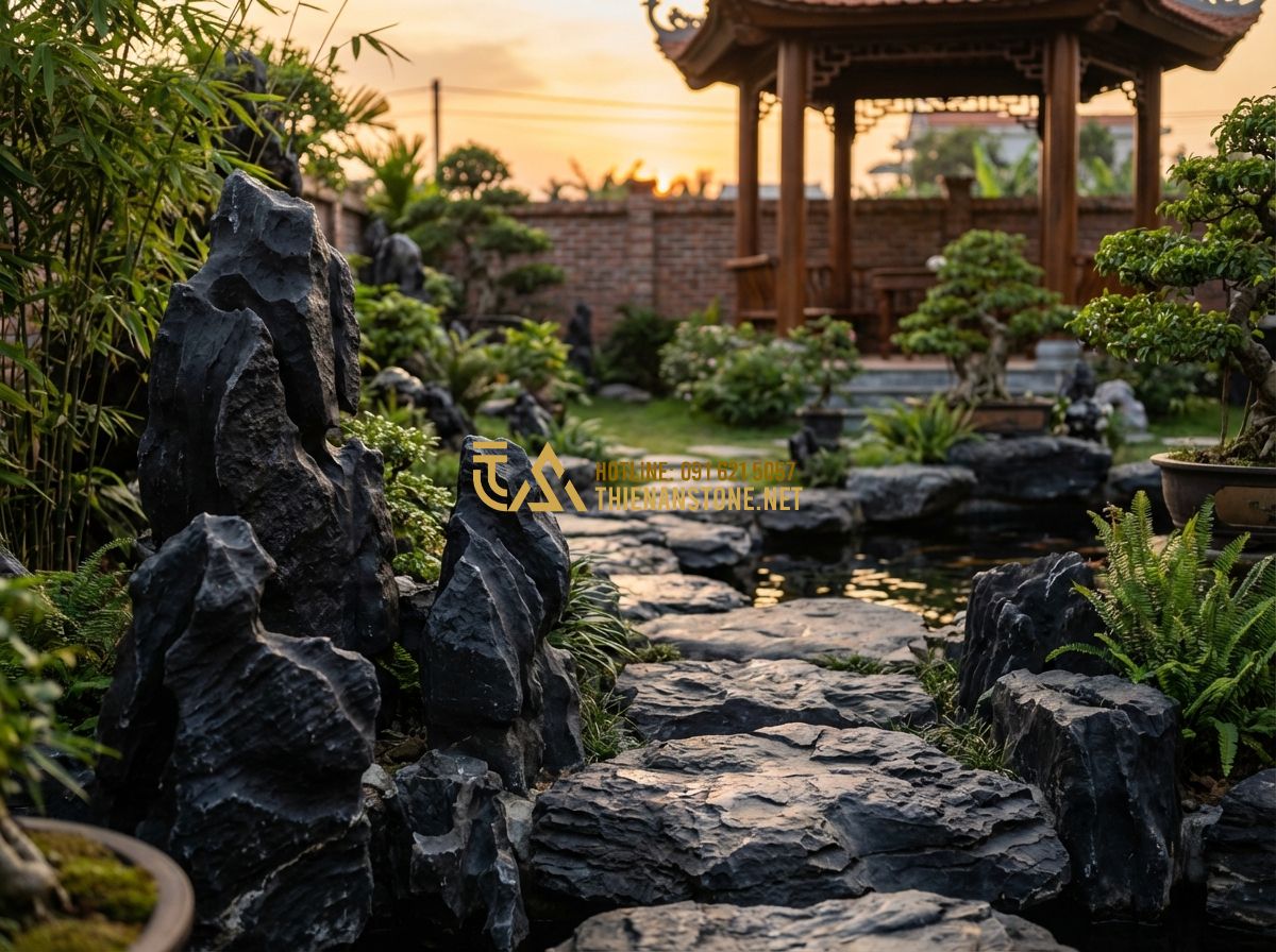 Đá Lũa Xanh Đen Và Đá Lũa Đa Sắc: Đặc Điểm, Ứng Dụng & Cách Phân Biệt - Tạo ảnh tiếng Anh: A happy family standing in their newly finished garden, admir