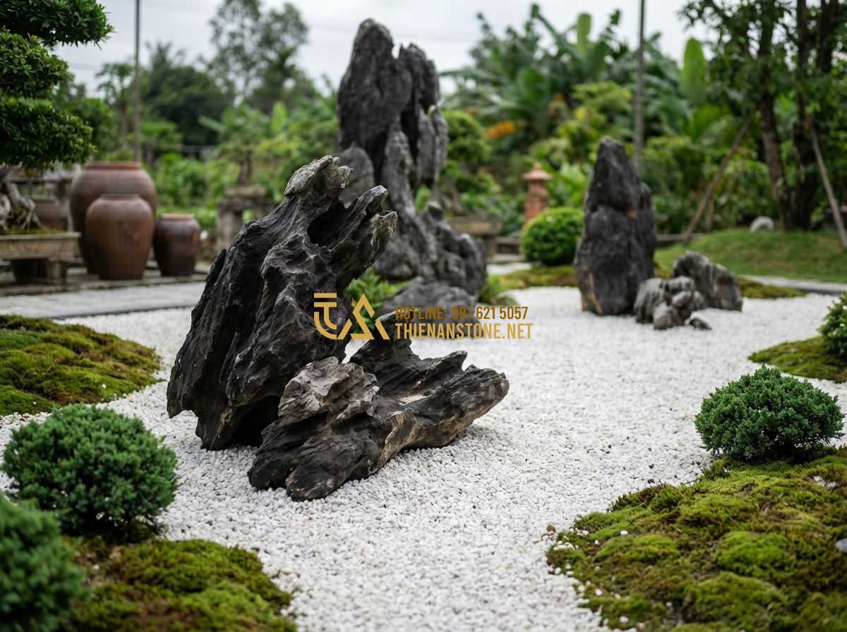 Đá Lũa Xanh Đen Và Đá Lũa Đa Sắc: Đặc Điểm, Ứng Dụng & Cách Phân Biệt - Tạo ảnh tiếng Anh: Dry landscape garden (Karesansui style) featuring multi-color