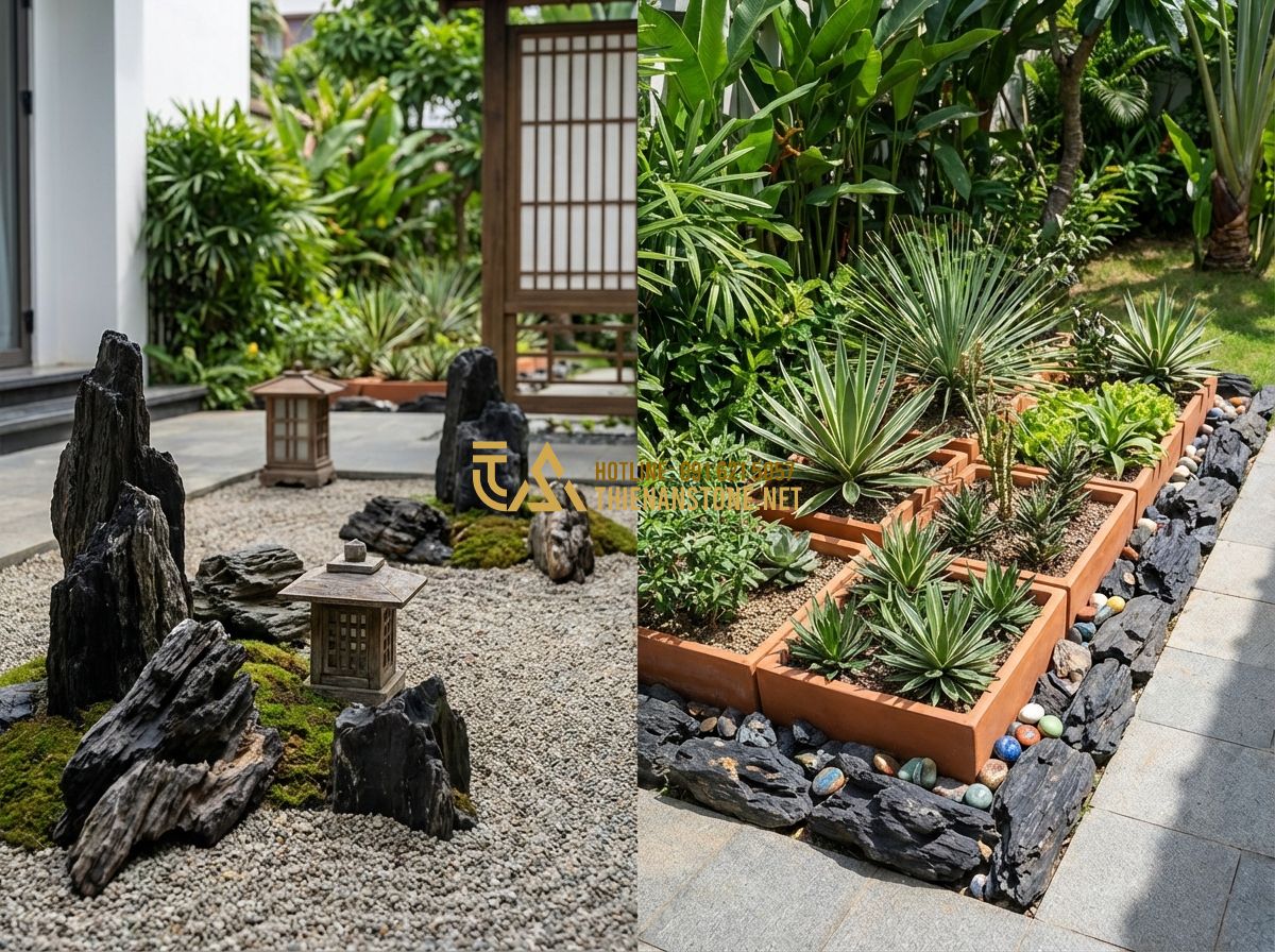 Đá Lũa Xanh Đen Và Đá Lũa Đa Sắc: Đặc Điểm, Ứng Dụng & Cách Phân Biệt - Tạo ảnh tiếng Anh: Split screen comparison of two garden sections: on the left, 