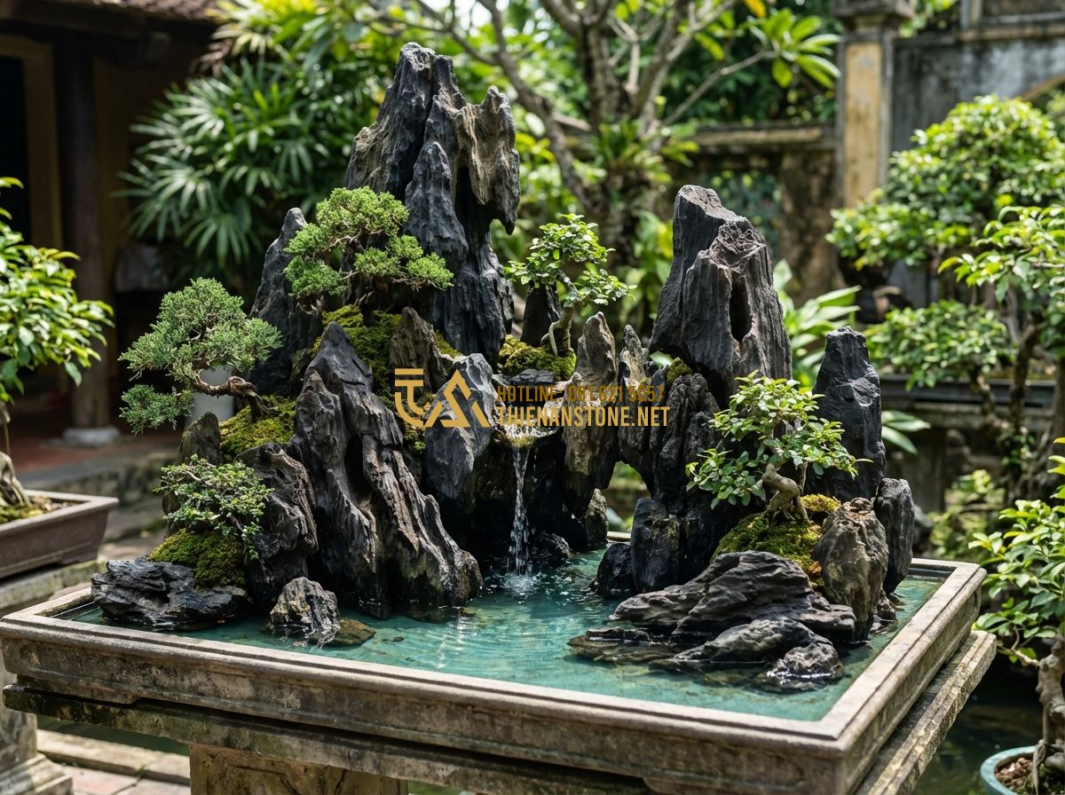 Đá Lũa Xanh Đen Và Đá Lũa Đa Sắc: Đặc Điểm, Ứng Dụng & Cách Phân Biệt - Tạo ảnh tiếng Anh: High-angle view of a professionally constructed miniature mou