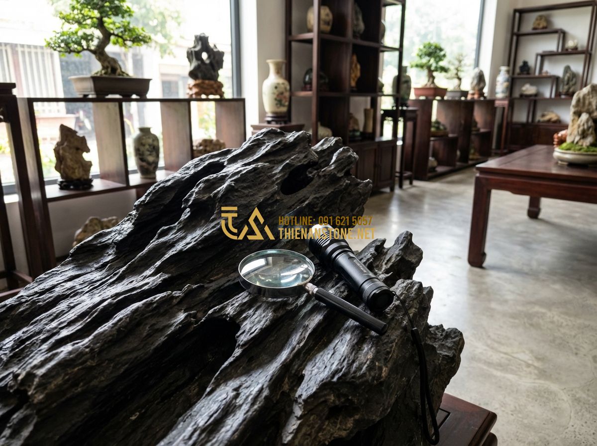 Đá Lũa Xanh Đen Và Đá Lũa Đa Sắc: Đặc Điểm, Ứng Dụng & Cách Phân Biệt - Tạo ảnh tiếng Anh: A stone expert examining a large lua stone with a magnifying 