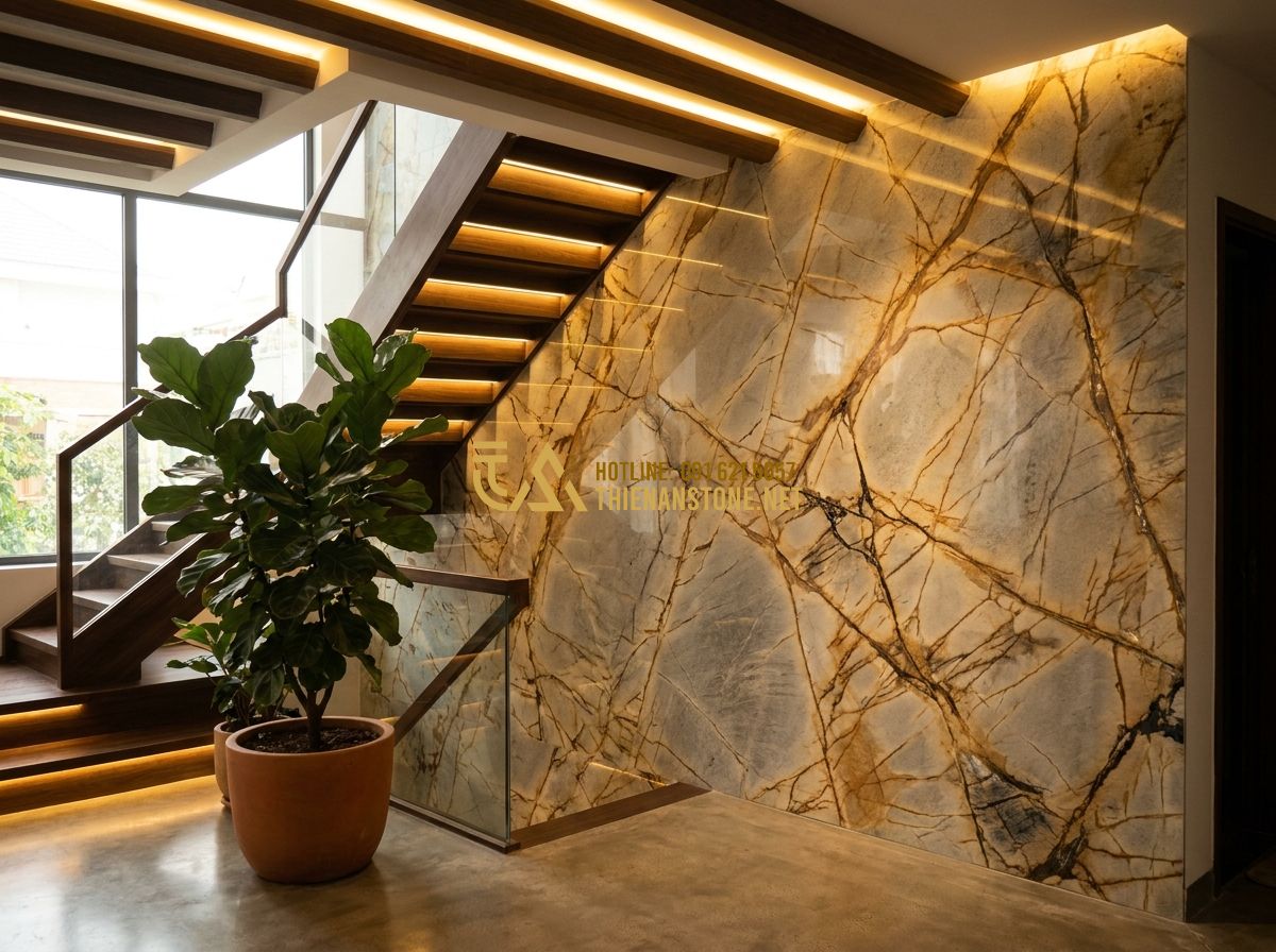 Đá Ốp Tường Cầu Thang, Ban Công & Tiểu Cảnh: Mẫu Đẹp & Lưu Ý Thi Công - Tạo ảnh tiếng Anh: A professional architectural photograph of a modern indoor st