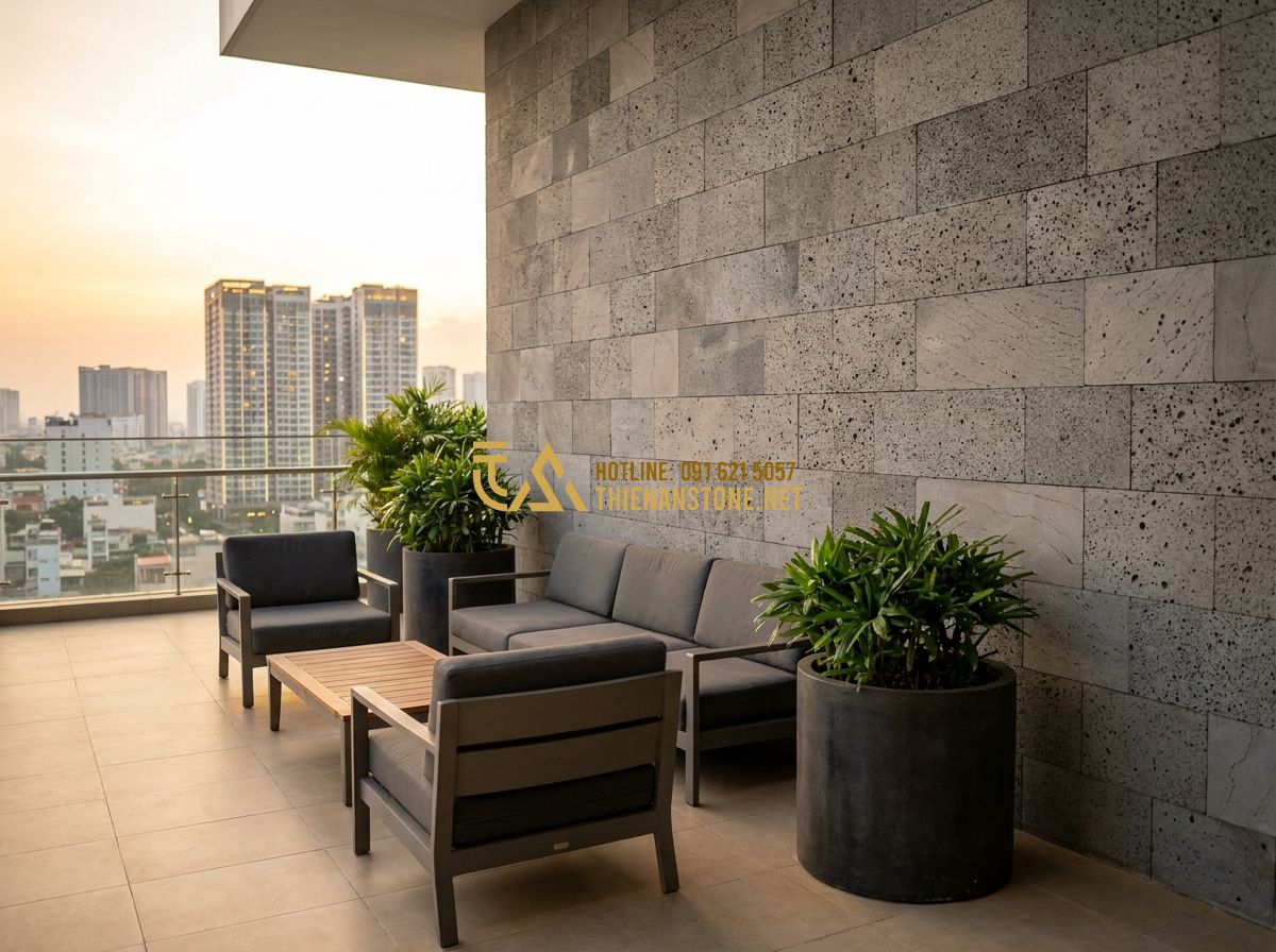 Đá Ốp Tường Cầu Thang, Ban Công & Tiểu Cảnh: Mẫu Đẹp & Lưu Ý Thi Công - Tạo ảnh tiếng Anh: A high-end outdoor balcony terrace featuring a wall decorated