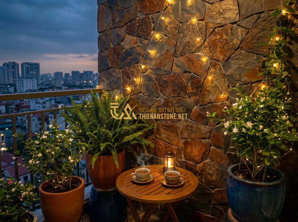 Đá Ốp Tường Cầu Thang, Ban Công & Tiểu Cảnh: Mẫu Đẹp & Lưu Ý Thi Công - Tạo ảnh tiếng Anh: A cozy scene in a modern apartment balcony at twilight. A wal