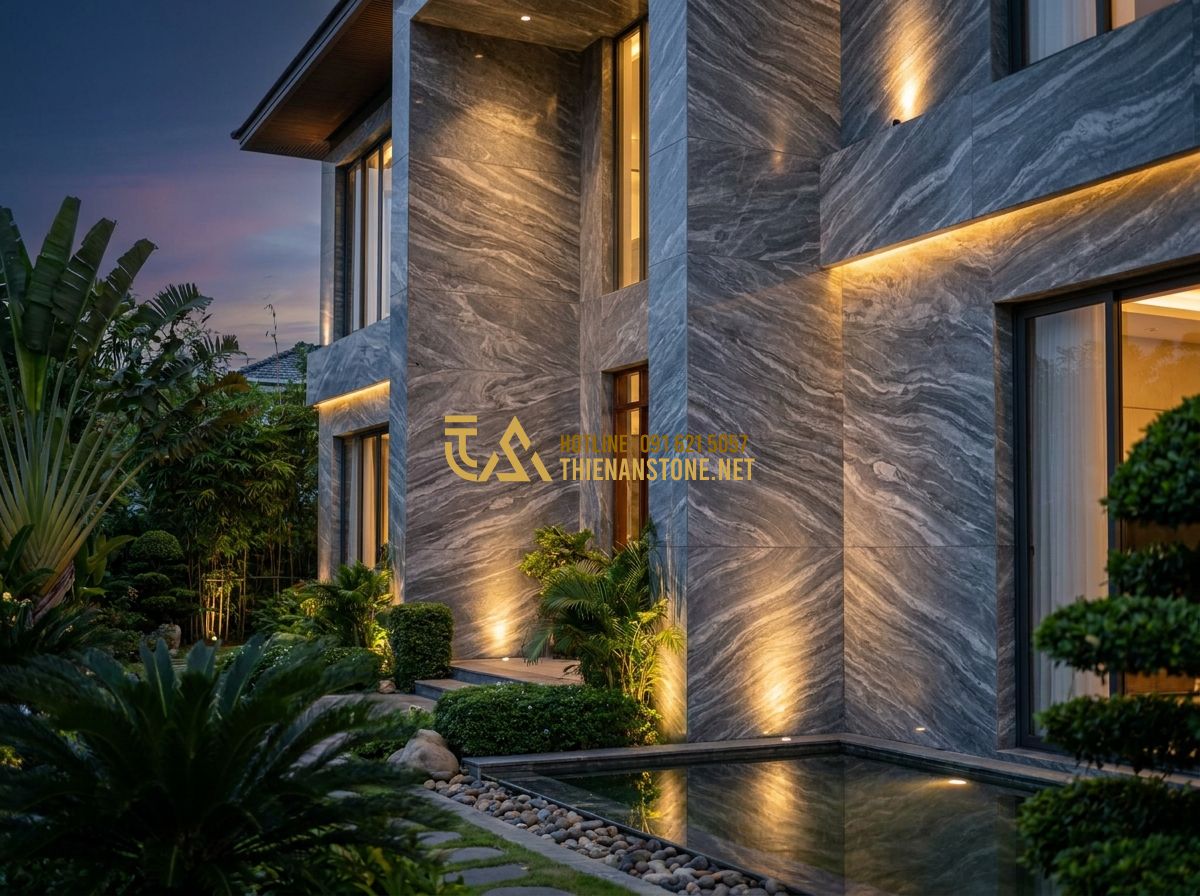 Đá Ốp Tường Đẹp 2026: 150+ Mẫu Đá Ốp Tường Tự Nhiên Sang Trọng Cho Ngoại Thất & Nội Thất - Tạo ảnh tiếng Anh: A magnificent villa facade clad in high-end natural gray gran