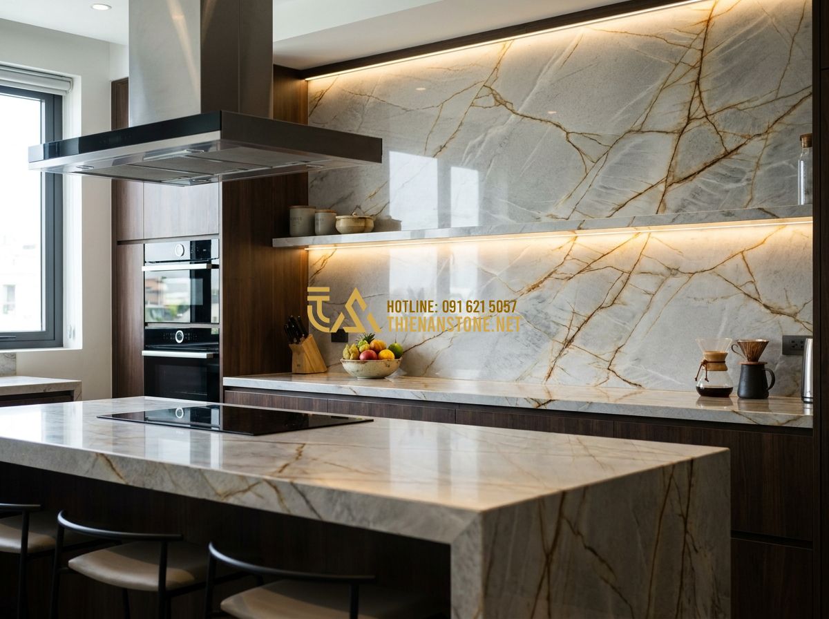 Đá Ốp Tường Đẹp 2026: 150+ Mẫu Đá Ốp Tường Tự Nhiên Sang Trọng Cho Ngoại Thất & Nội Thất - Tạo ảnh tiếng Anh: High-end modern kitchen with natural granite backsplash and c
