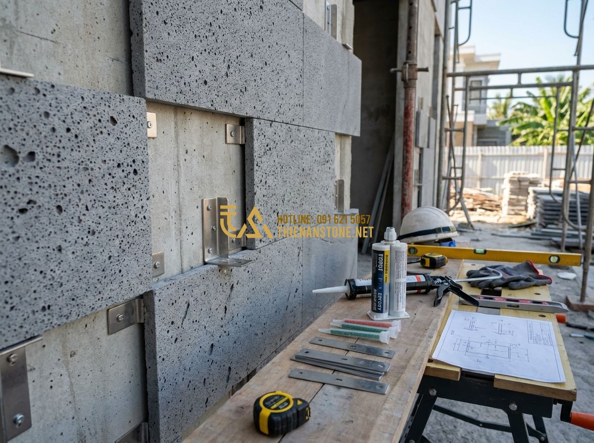 Đá Ốp Tường Đẹp 2026: 150+ Mẫu Đá Ốp Tường Tự Nhiên Sang Trọng Cho Ngoại Thất & Nội Thất - Tạo ảnh tiếng Anh: Technical illustration of natural stone wall cladding install