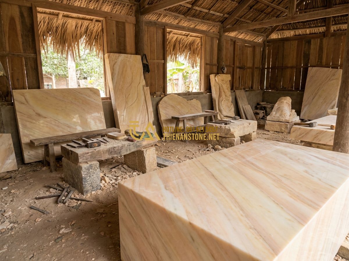 Đá Ốp Tường Đẹp 2026: 150+ Mẫu Đá Ốp Tường Tự Nhiên Sang Trọng Cho Ngoại Thất & Nội Thất - Tạo ảnh tiếng Anh: Traditional stone craft workshop in Phu Tho, skilled artisans