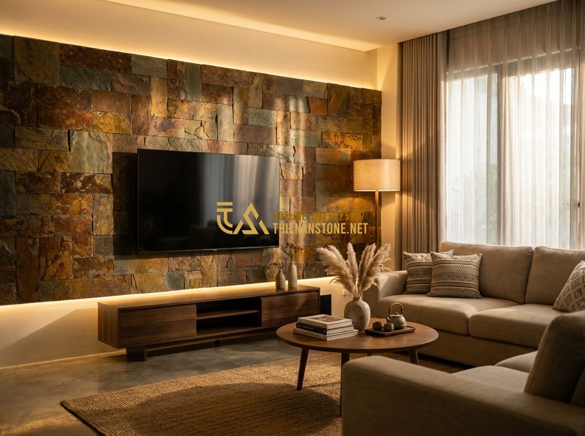 Đá Ốp Tường Giá Rẻ Mà Vẫn Đẹp – Bí Quyết Chọn & Mua Đá Ốp Tường Tiết Kiệm 2026 - Tạo ảnh tiếng Anh: A stylish living room featuring a focal wall behind the TV de