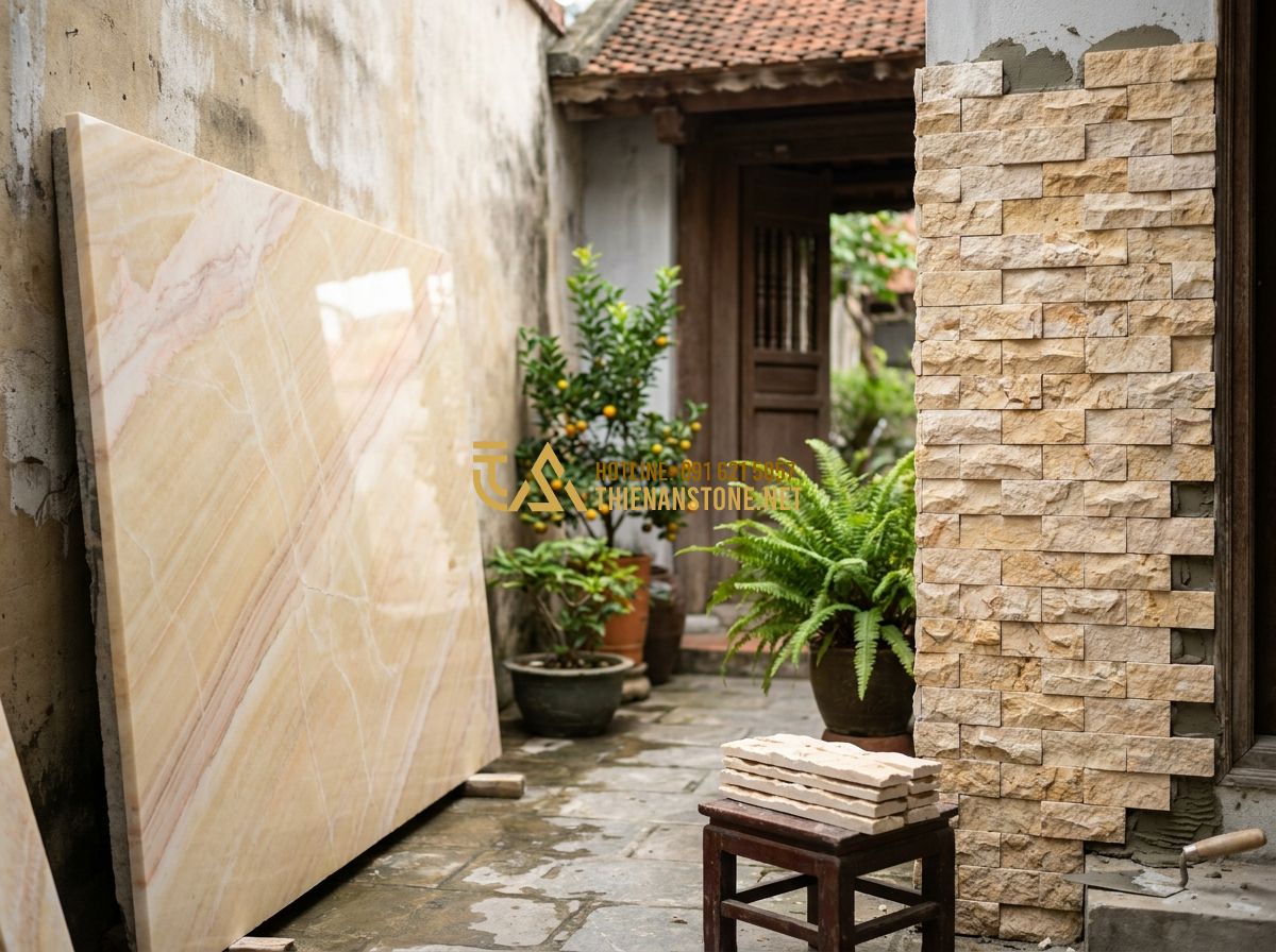 Đá Ốp Tường Giá Rẻ Mà Vẫn Đẹp – Bí Quyết Chọn & Mua Đá Ốp Tường Tiết Kiệm 2026 - Tạo ảnh tiếng Anh: A comparison visual showing a large slab of marble versus a w