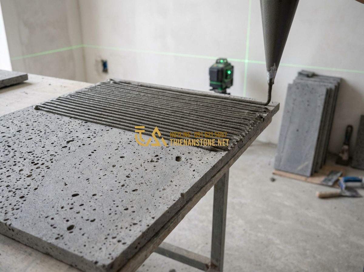 Đá Ốp Tường Giá Rẻ Mà Vẫn Đẹp – Bí Quyết Chọn & Mua Đá Ốp Tường Tiết Kiệm 2026 - Tạo ảnh tiếng Anh: A construction worker professionally applying specialized sto