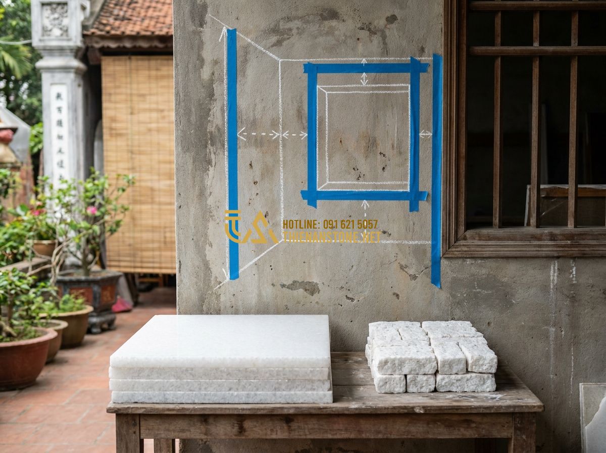 Đá Ốp Tường Giá Rẻ Mà Vẫn Đẹp – Bí Quyết Chọn & Mua Đá Ốp Tường Tiết Kiệm 2026 - Tạo ảnh tiếng Anh: A technical illustration showing how to measure a wall for st