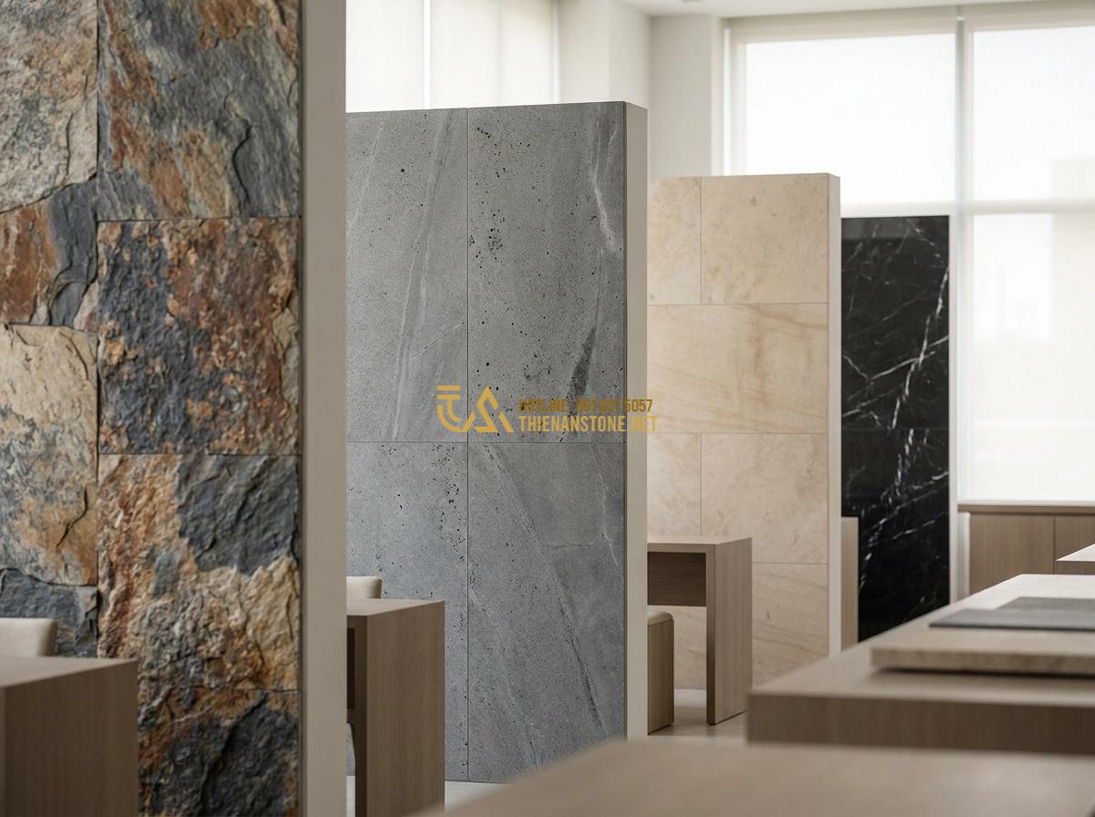 Đá Ốp Tường Mặt Tiền & Ngoài Trời Đẹp: Mẫu Đá Ốp Tường Ngoại Thất Bền Đẹp Nhất 2026 - A helpful customer service representative or architect discussing natural stone