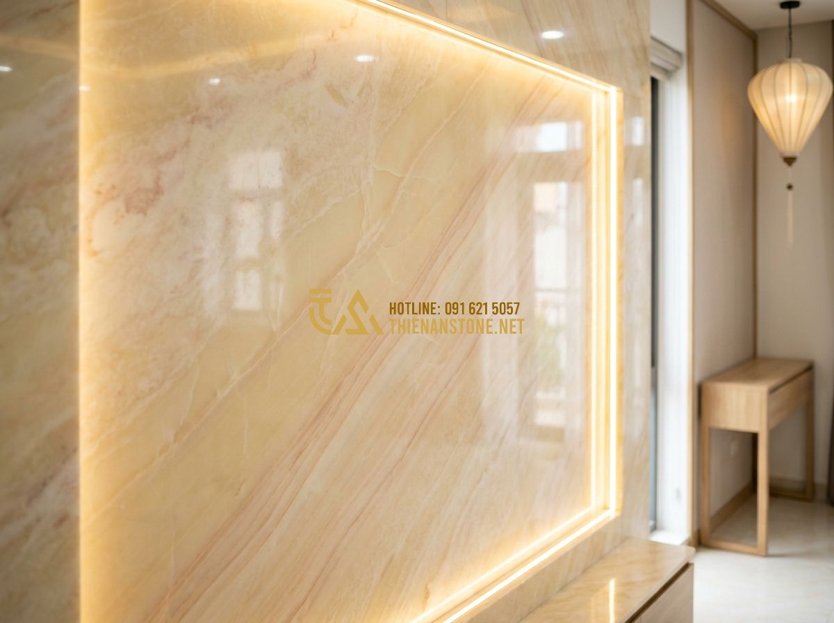 Đá Ốp Tường Nội Thất Đẹp: Mẫu Đá Ốp Tường Phòng Khách, Bếp, Phòng Ngủ Sang Trọng - Detailed close-up of a living room feature wall using beige Travertine stone, sh