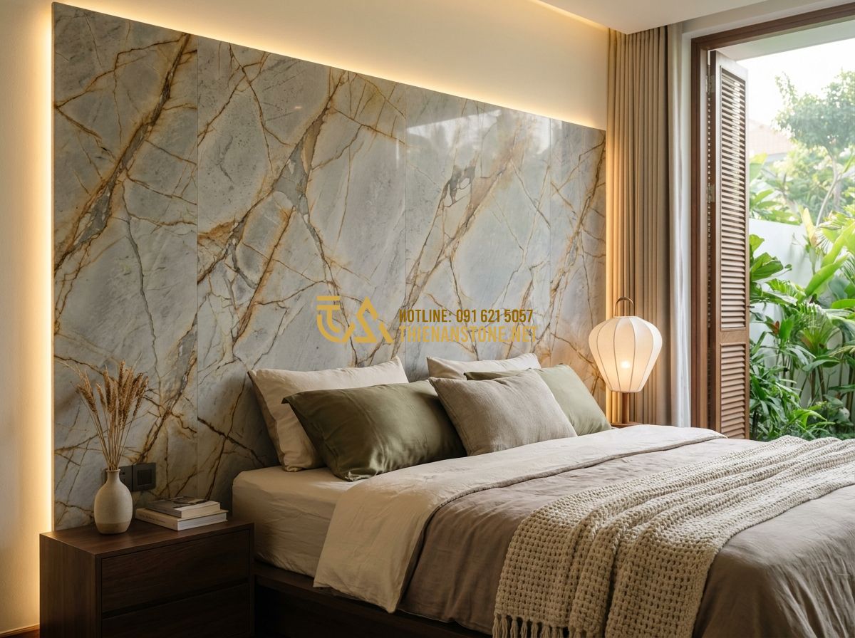 Đá Ốp Tường Nội Thất Đẹp: Mẫu Đá Ốp Tường Phòng Khách, Bếp, Phòng Ngủ Sang Trọng - Cozy and luxurious bedroom design featuring a headboard wall clad in soft grey s