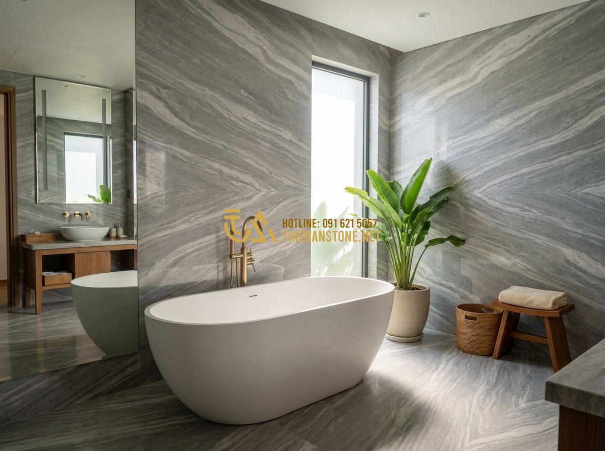 Đá Ốp Tường Nội Thất Đẹp: Mẫu Đá Ốp Tường Phòng Khách, Bếp, Phòng Ngủ Sang Trọng - Luxury bathroom interior with walls covered in large format white marble slabs w