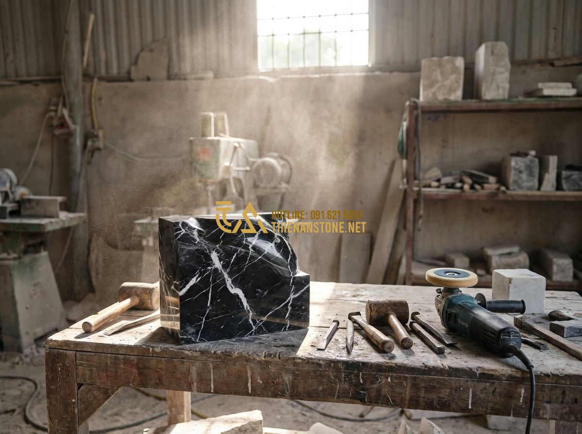 Đá Ốp Tường Nội Thất Đẹp: Mẫu Đá Ốp Tường Phòng Khách, Bếp, Phòng Ngủ Sang Trọng - A craftsman at Thien An Stone workshop carefully hand-carving and polishing a pi