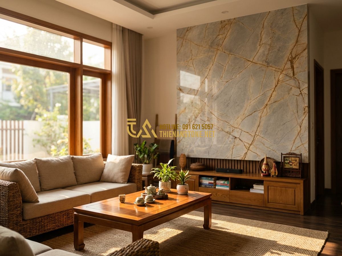 Đá Ốp Tường Nội Thất Đẹp: Mẫu Đá Ốp Tường Phòng Khách, Bếp, Phòng Ngủ Sang Trọng - A warm, inviting family photo in a living room with a beautiful stone feature wa
