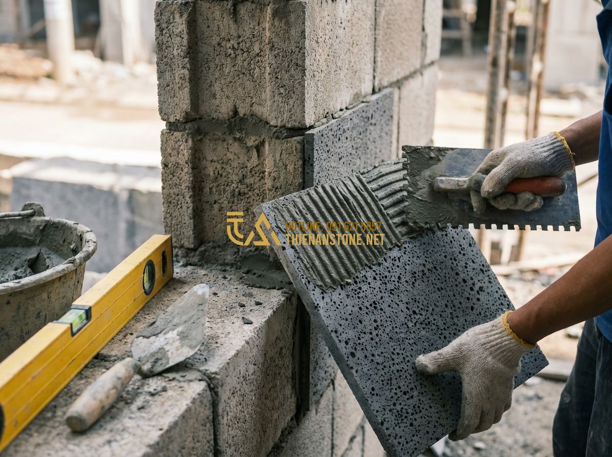 Đá Răng Lược Lê Thắng Chính Hãng: Đá Răng Lược Vàng, Đen, Trắng Lê Thắng Cao Cấp & Bền Đẹp - Construction worker carefully applying adhesive to the back of a comb-tooth ston