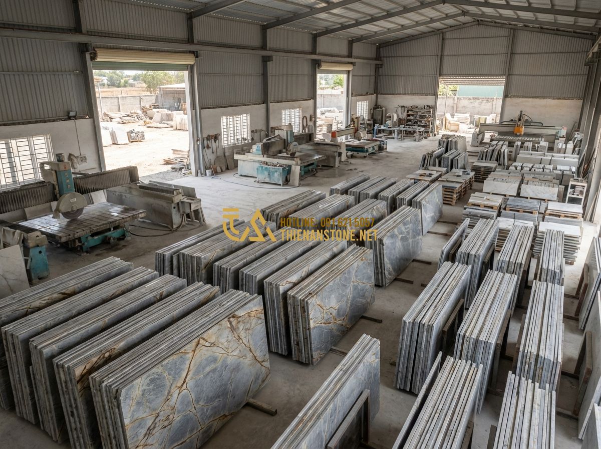 Đá Răng Lược Lê Thắng Chính Hãng: Đá Răng Lược Vàng, Đen, Trắng Lê Thắng Cao Cấp & Bền Đẹp - Panoramic view of a professional stone masonry workshop (Thien An Stone), rows o