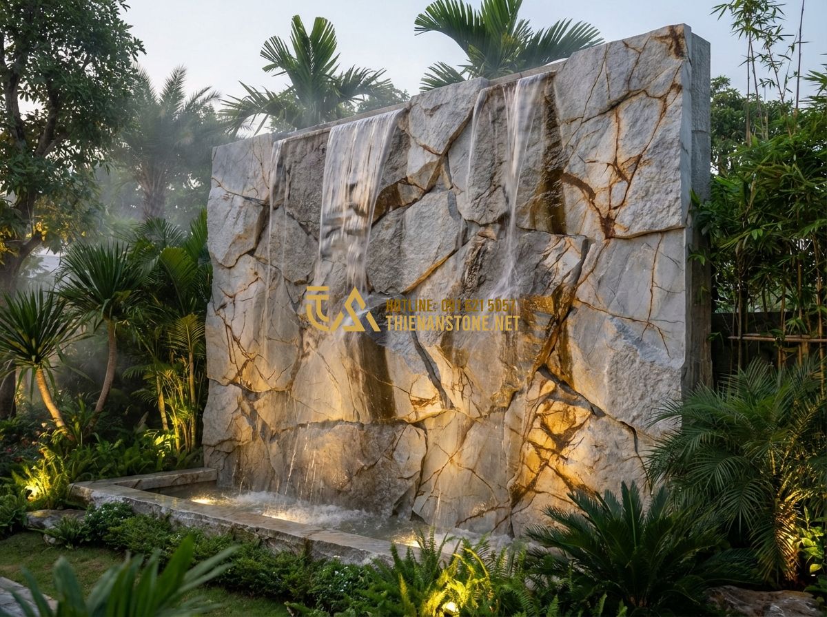 Đá Răng Lược Lê Thắng Chính Hãng: Đá Răng Lược Vàng, Đen, Trắng Lê Thắng Cao Cấp & Bền Đẹp - A beautiful outdoor fountain feature wall made of mixed yellow and black comb-to