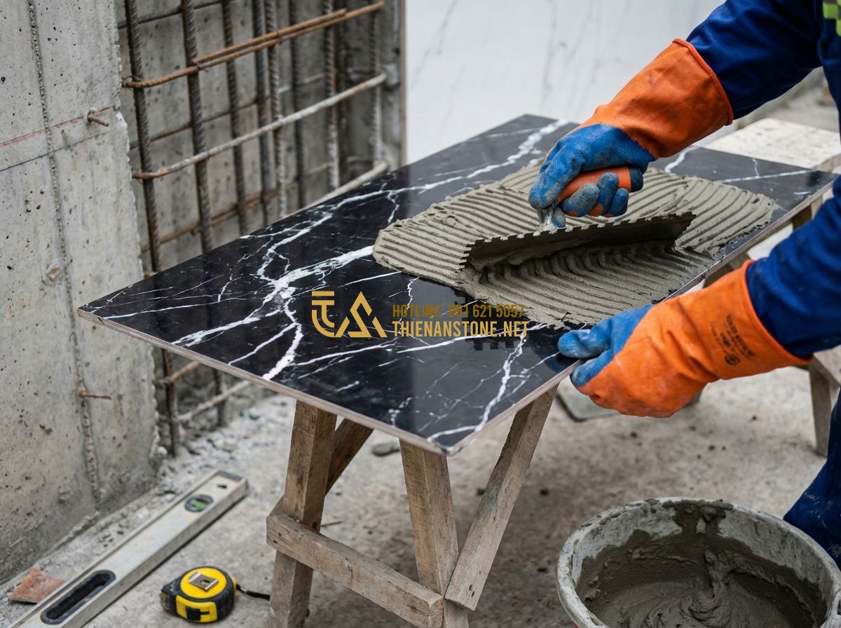 Đá Răng Lược Ốp Tường Có Nên Làm Không? Ưu Nhược Điểm & Lưu Ý Quan Trọng Khi Thi Công - Tạo ảnh tiếng Anh: Construction site close-up showing a professional worker appl